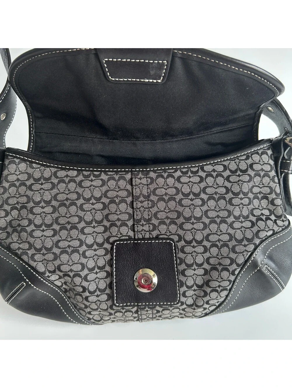 Coach Soho Black Grey Signature Monogram Shoulder Bag Leather Trim Buckle Purse